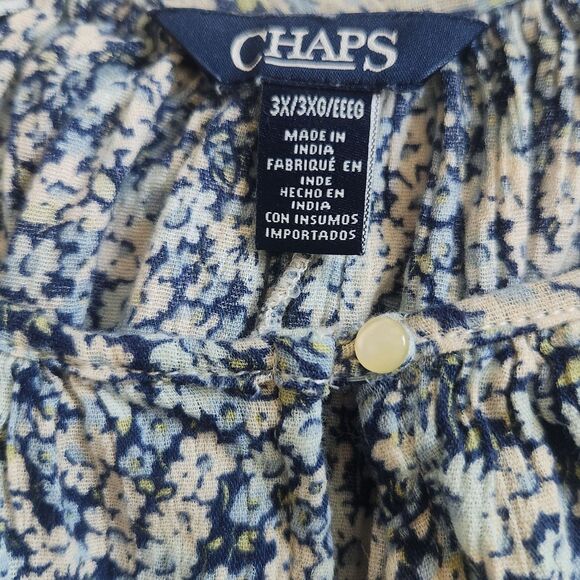 Chaps Boho Peasant Ditzy Floral Top-3X-Blue/White-Key Hole-70s Vibe-Cottagecore - Picture 7 of 10